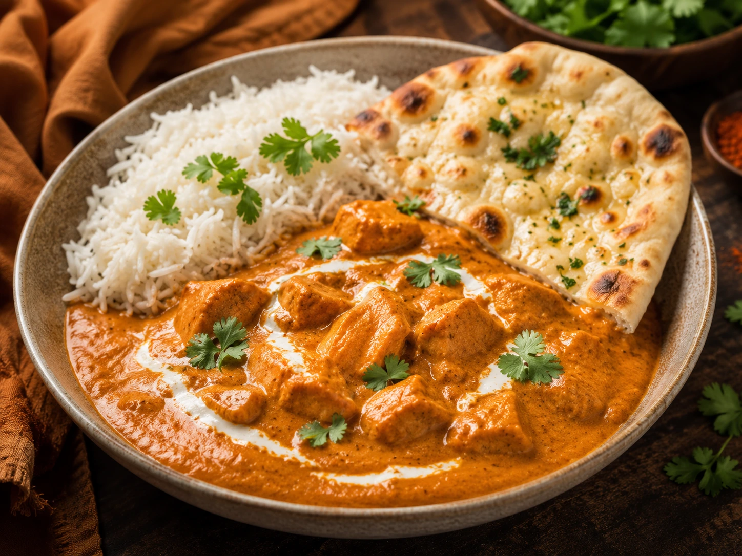 Butter chicken med ris og naan