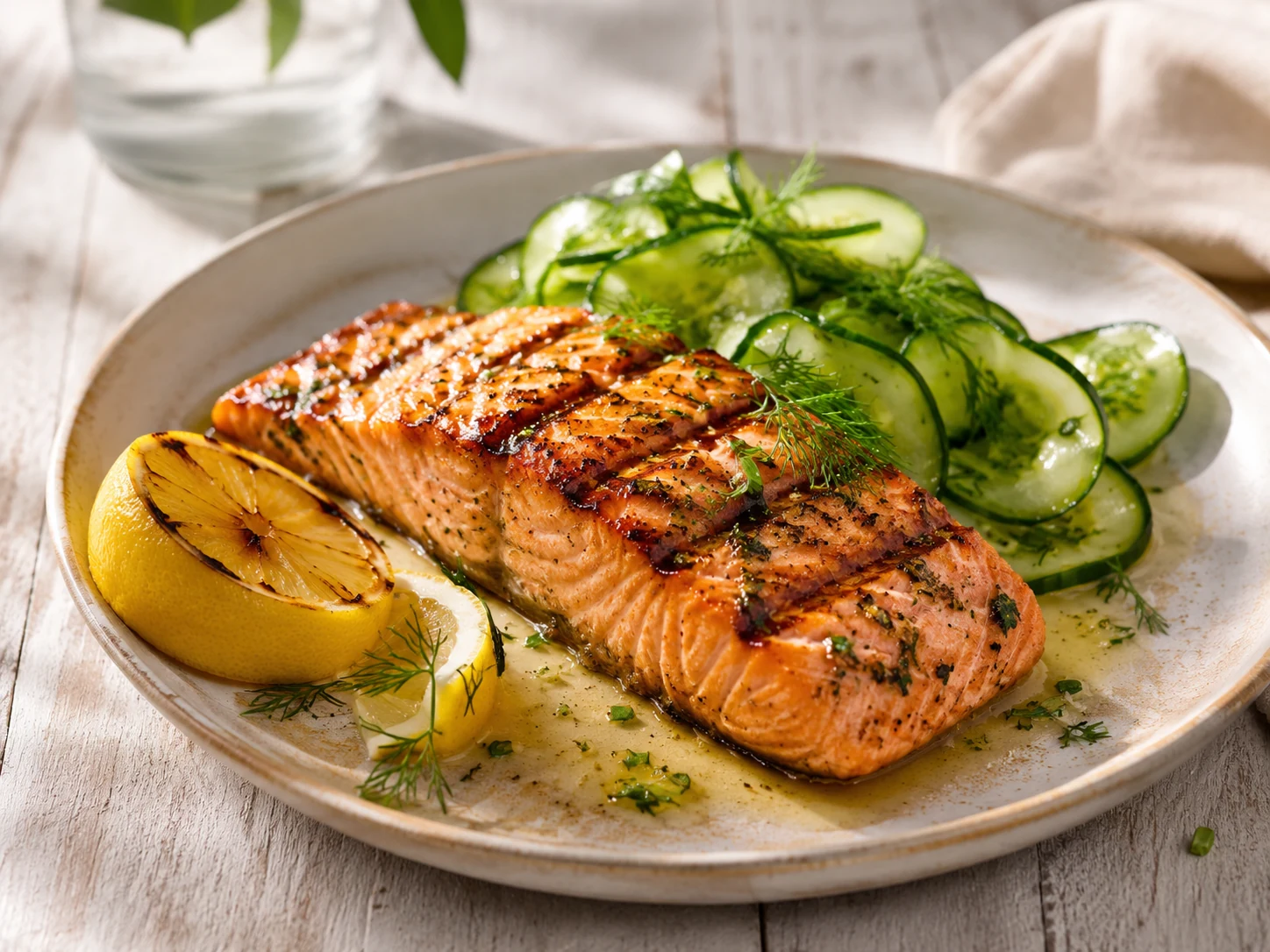 Grillet laks med sitron, urter og agurksalat
