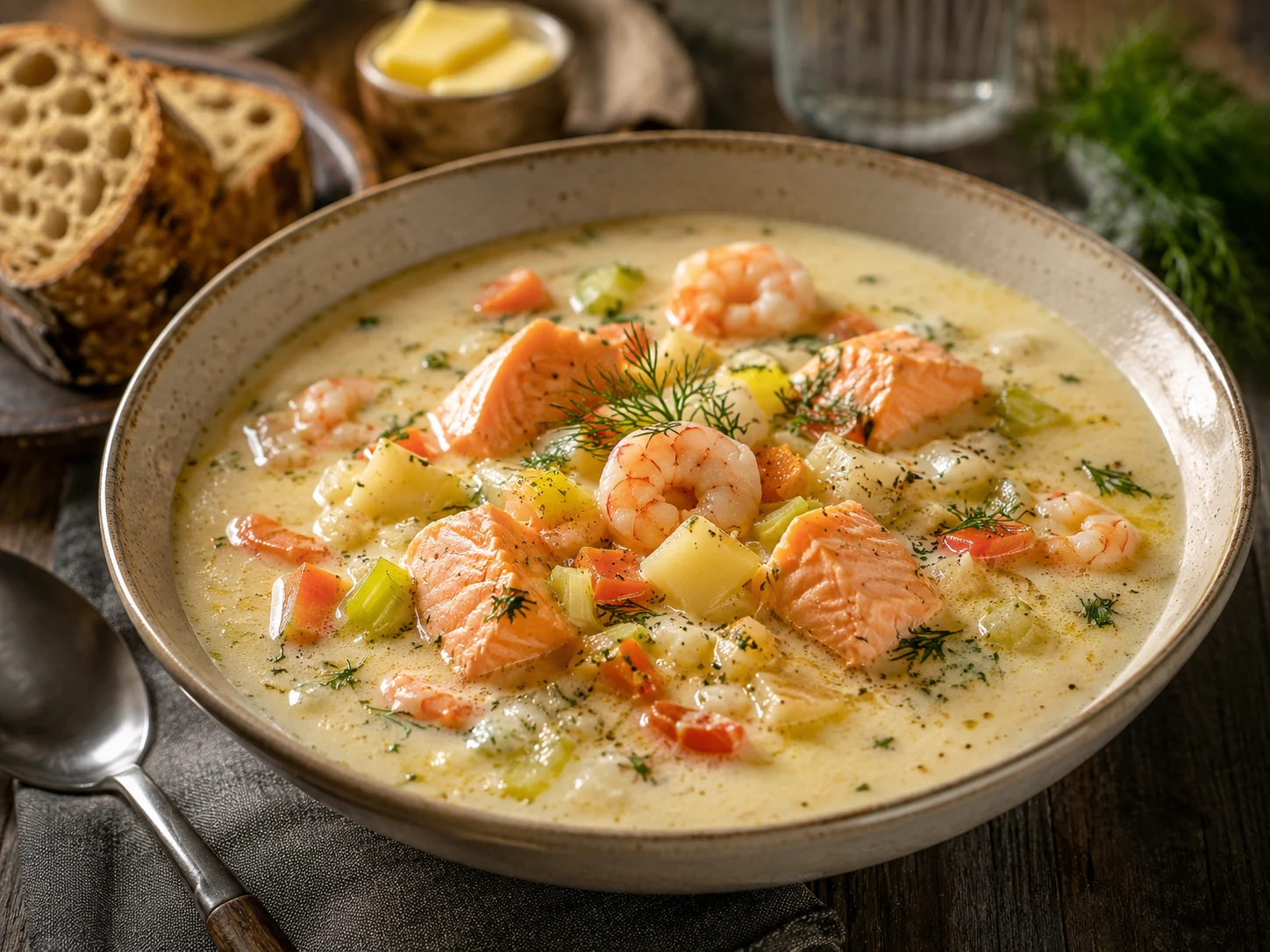 Norsk fiskesuppe med laks, reker og fløte