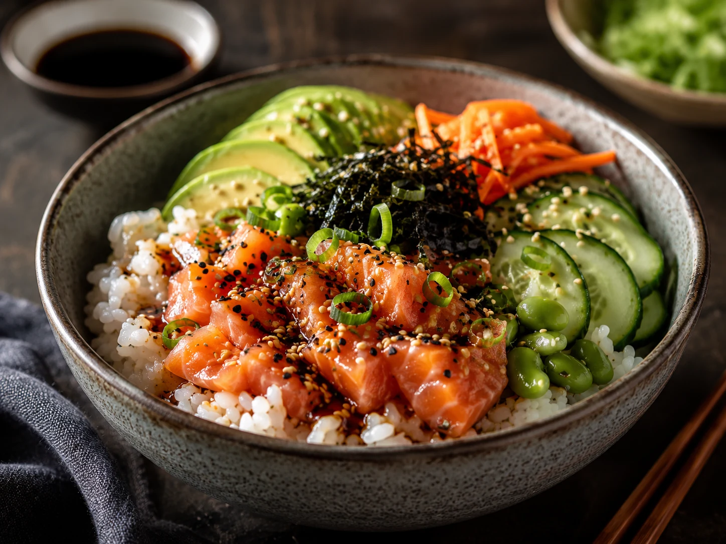 Sushi bowl med laks, soya og sesam