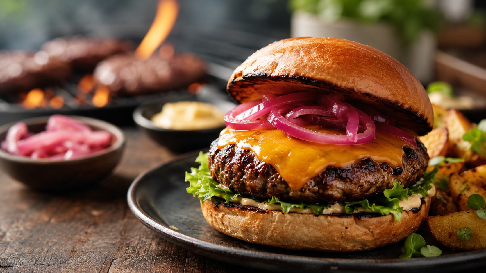Burger med cheddar og syltet rødløk på grill