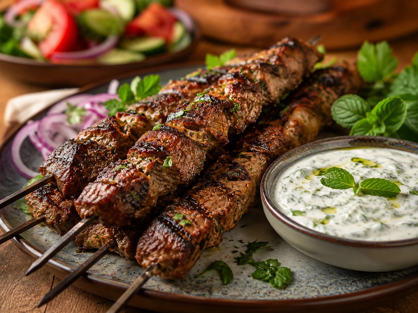 Lammekebabspyd med mynteyoghurt