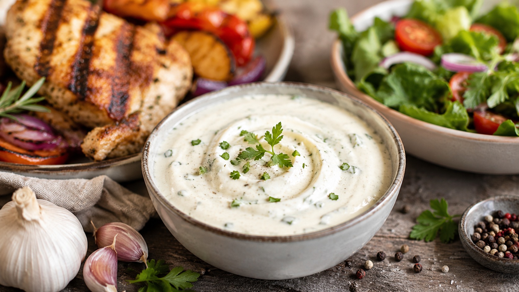 Hvitløksdressing til grillmat og salat